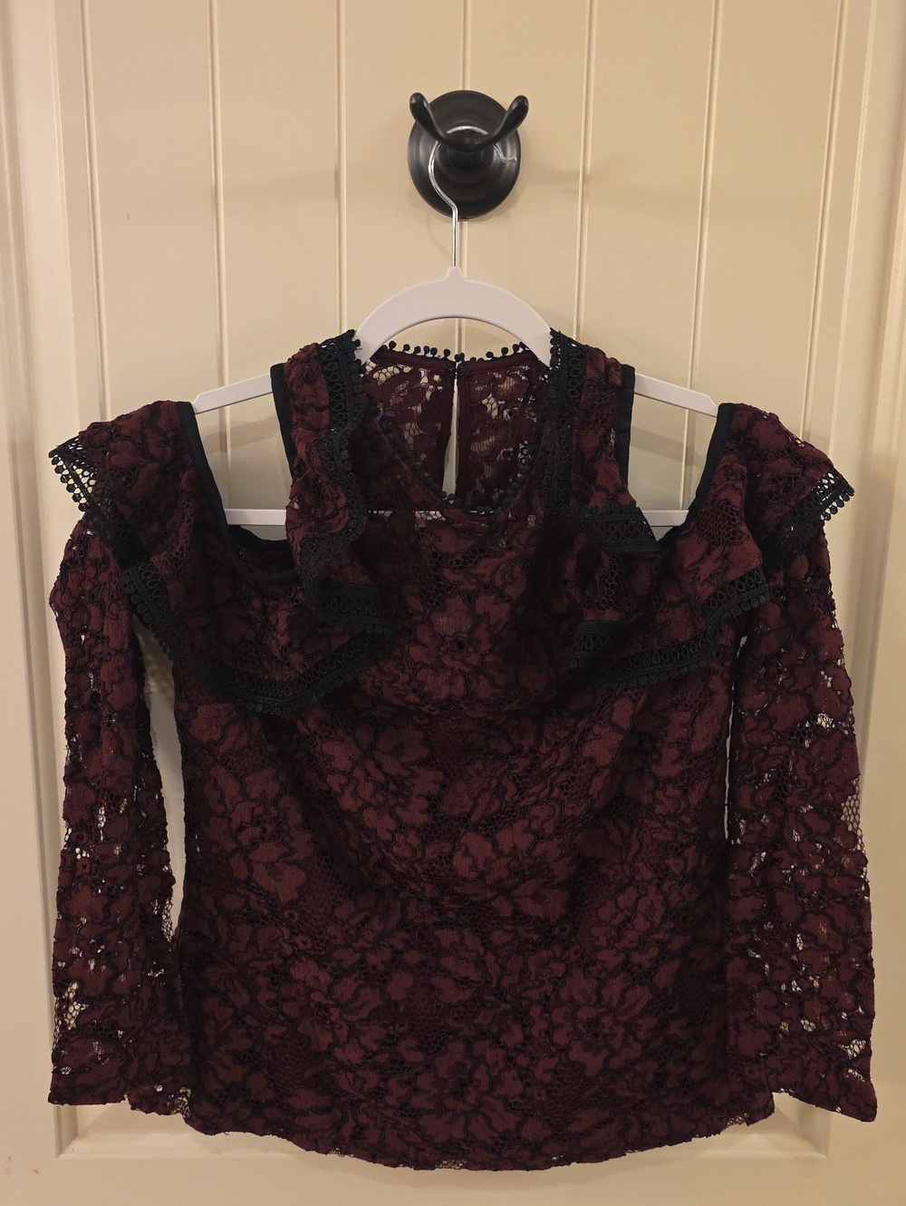 Alexis Burgundy Lace Cold-Shoulder Top with Black Trim